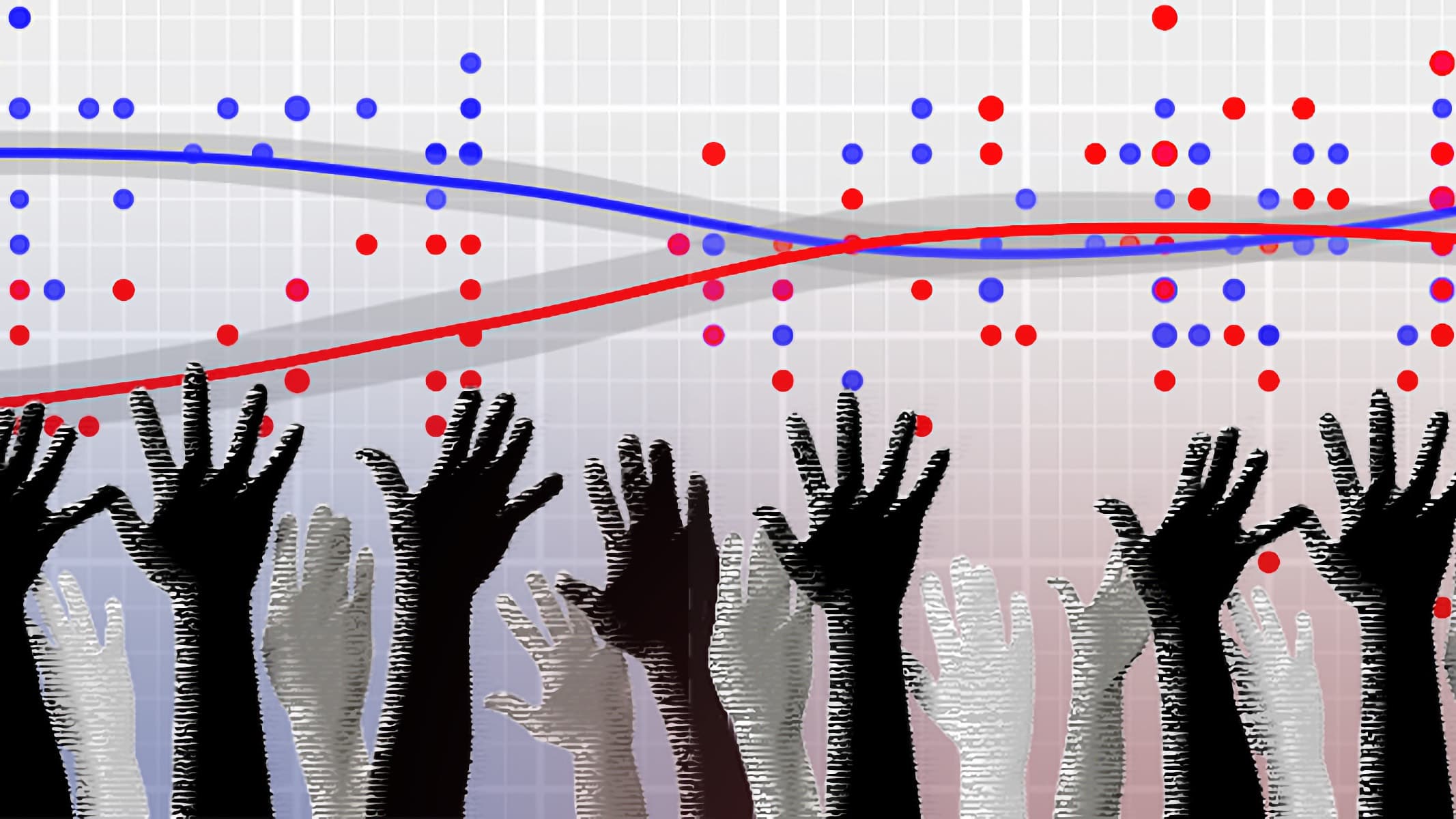Raised hands in the foreground, red dots and lines in the background as if measuring political responses