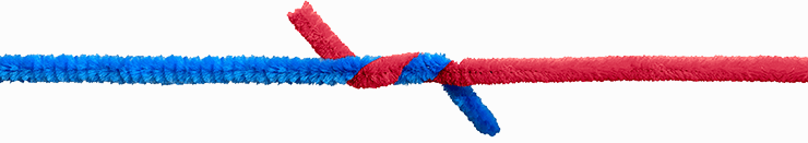 A blue rope coming from the left and a red rope coming from the right, intertwined in the middle